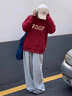 妃丽慕尚纯棉加绒加厚三条杠圆领卫衣女装秋冬季慵懒风学生撞色宽松外套潮 D1301酒红色【常规款】 L 建议130斤以内 实拍图