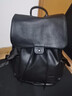 双肩包男韩版皮质 商务电脑包潮流翻盖抽带时尚背包中大学生书包 男士大容量旅行包 黑色 实拍图