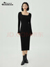 深呼吸DEEP BREATH女装方领高腰修身羊毛针织连衣裙A500217 黑 S (2码) 实拍图