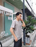 DZSF高端夏季薄款冰丝条纹仿亚棉麻圆领短袖t恤衫男士时尚打底体恤男 杏色（字母） XL 【体重建议: 138-155斤】 实拍图
