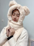 浩冠 小熊帽子女冬季可爱百搭毛线帽保暖毛绒帽围巾一体三件套秋冬天 白色 均码 实拍图