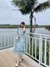 香影小清新v领碎花连衣裙女2025夏季新款木耳边蓝色泡泡袖雪纺裙 蓝色 M 实拍图