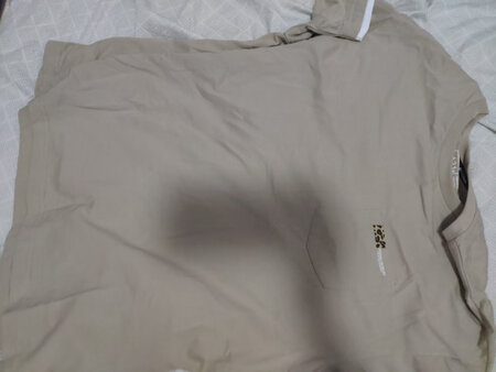 突然心血来潮想买t恤衫穿，刚好看到断码优惠，就买了一件，感觉这个颜色有点暗沉，比较中性，感觉有点像男装，试穿了下比较宽松，还可以，下水了，还没穿，有点不习惯穿t恤衫，还要找合适的裤子搭配，整体感觉还可以的。只是比较不太适应穿这么休闲。好穿的话，还会再回购。