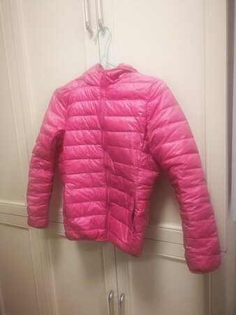 收到羽绒服就穿上出差了，经常出差去南方，小羽绒服带着出行方便，一直就想买，赶上秒杀立刻出手，价格很不错。图片是我在灯光下拍摄，颜色不太正，羽绒服实际颜色与图片一致，是偏暖的粉色。总体质量还行，有点线头，被我剪刀处理掉，做工说得过去。