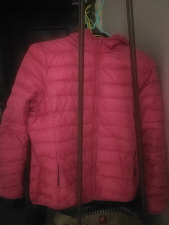 收到羽绒服就穿上出差了，经常出差去南方，小羽绒服带着出行方便，一直就想买，赶上秒杀立刻出手，价格很不错。图片是我在灯光下拍摄，颜色不太正，羽绒服实际颜色与图片一致，是偏暖的粉色。总体质量还行，有点线头，被我剪刀处理掉，做工说得过去。