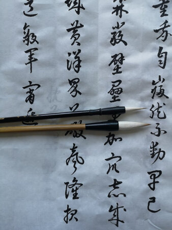 刚给我父亲买了两支毛笔，看着还可以，还没有用它。