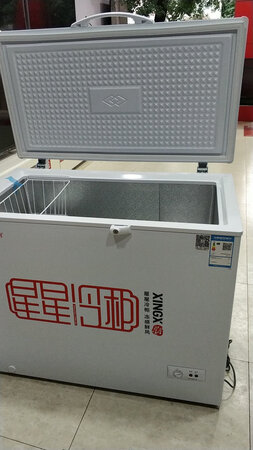 这款冰柜容量大，价格便宜，不到*元，买来可以冻3百多斤的猪?，买了一头猪，这下有肉吃了，千挑万选，在纵多冰柜中最后选了这款，冰柜老牌，开门很方便，有拉手，还可以锁，长期在京东购物，送货很快，有问题很快更换，大小东西都买，洗衣粉，肥皂，油，牙刷，没有骗人，我非常喜欢在京东购物，其他店看都不看，主要是送货快，还送到家?