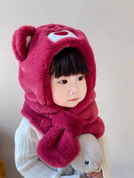 奥蒙威儿童毛绒帽子围巾一体秋冬保暖可爱宝宝围脖两件套YG812树莓红 晒单实拍图