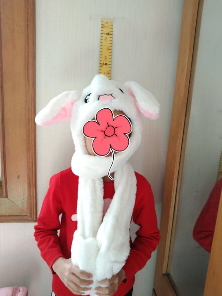 宝格妍 儿童卡通兔耳朵会动的帽子围巾手套一体三件套加厚保暖长款抖音网红帽子 白兔子 （三合一）一套装 晒单实拍图