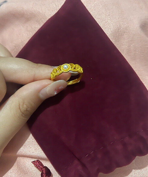 赛菲尔黄金戒指足金古法金花丝珍珠戒指送女友礼物 约4.10克 晒单实拍图