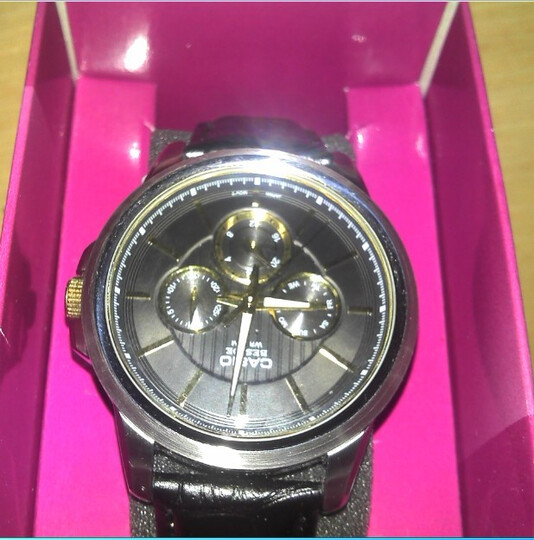 casio 卡西欧 beside系列精致雅痞风三眼多功能黑色皮带男表 bem-307