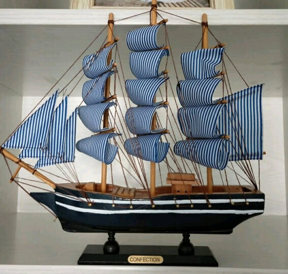 墨斗鱼墨斗鱼 木制帆船33cm 蓝色条纹2067:"送来的一刻,外包装完好,是