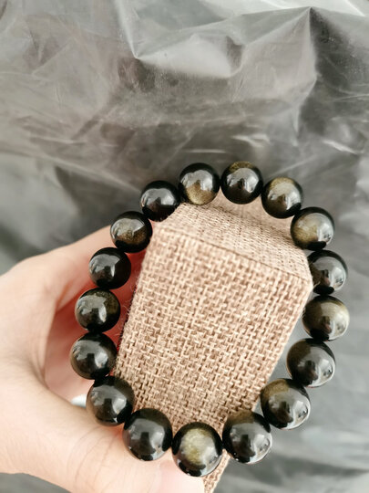 石玥珠宝黑曜石手链 男 金沙黑曜石手串 男士本命年金曜石佛珠手链