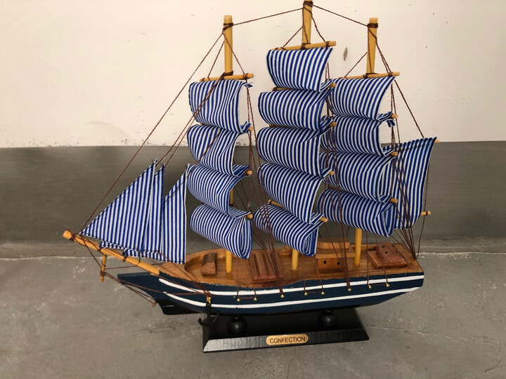 墨斗鱼墨斗鱼 木制帆船33cm 蓝色条纹2067:"收到.