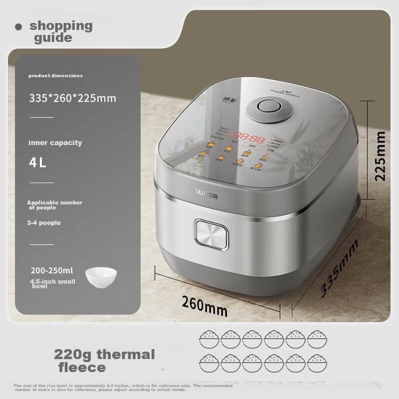 SUPOR 4-Liter Large Capacity Household Rice Cooker for 3-4 People, Firewood Rice Cooking Pot, 0 Coating Stainless Steel Inner Pot Ball Pot, Smart Multifunctional SF40HC1960 Micro-Pressure