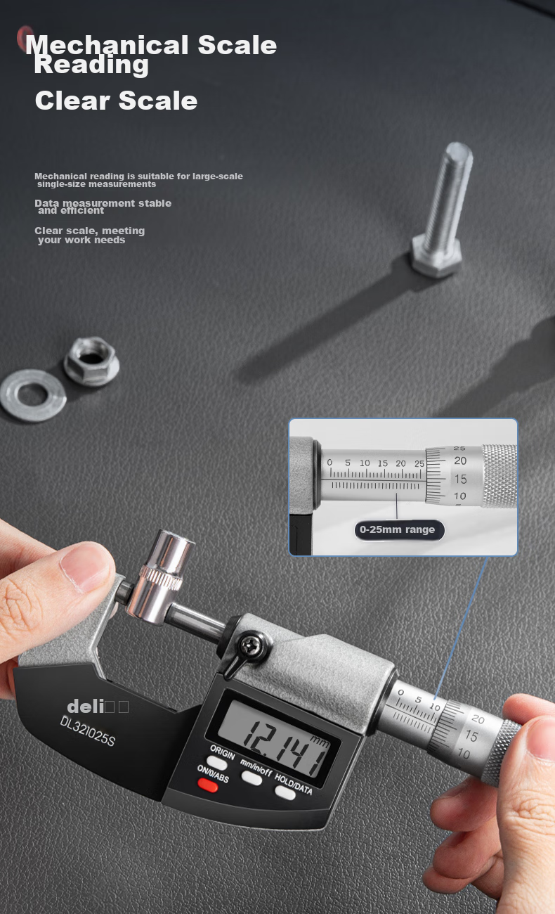 Deli Digital Dial Caliper, Dual-Use Micrometer with External Diameter Gauge, 0.001mm High-Precision Thickness Gauge, Vernier Caliper 7