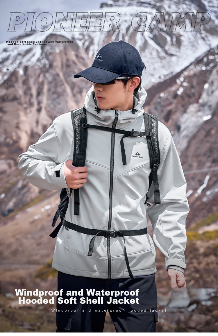 Pioneer Camp Men's Seal Softshell Jacket Spring Autumn Outdoor Mountaineering Waterproof Windproof Fleece Lined Warm Running Sports Jacket 1