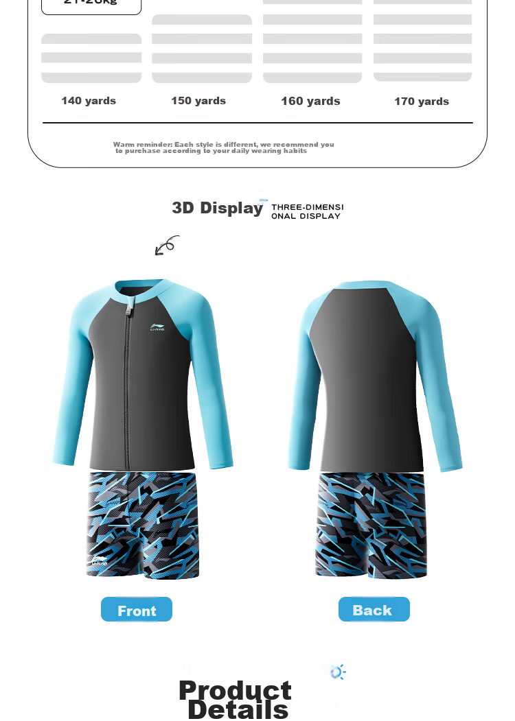 Li-Ning Children's Swimwear, Boys' Long-Sleeve Sun Protection Two-Piece Swimsuit And Swim Trunks, Hot Spring Swimming Gear, 8772 Blue-Gray, Size 170 8