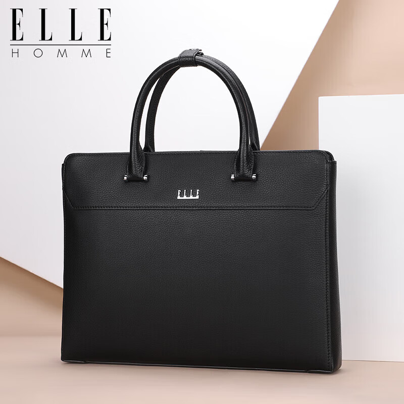 ELLE HOMME Men's Business Briefcase, Handheld Work Bag Horizontal Style Top Layer Cowhide Laptop Bag Large Capacity Fashionable Men's Bag EA888200411 Black