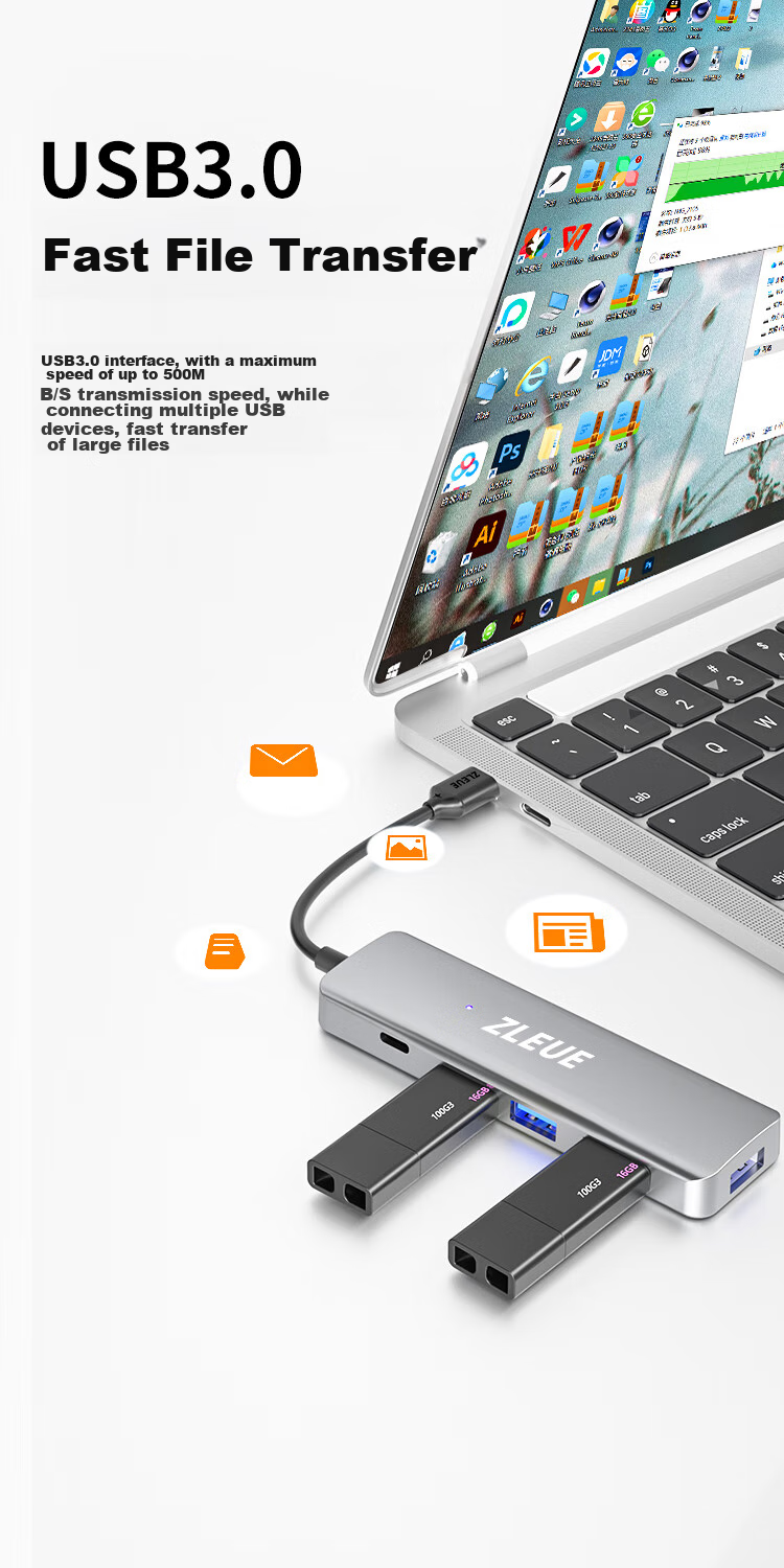 ZLEUE USB Hub 2.0, 4-Port Hub Expander, Laptop And Desktop Computer Splitter, Multi-Port Adapter, Extension Cable with Power Port, 0.2 Meters, E8001C 3
