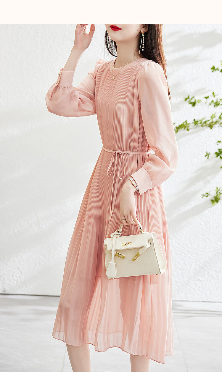 Dme [Waving Sleeve to Capture Fairy Dust] Spring And Autumn Round Neck Pleated Puff Sleeve Waist-Cinching Tie A-Line Dress for Women, Mid-Length Style 17