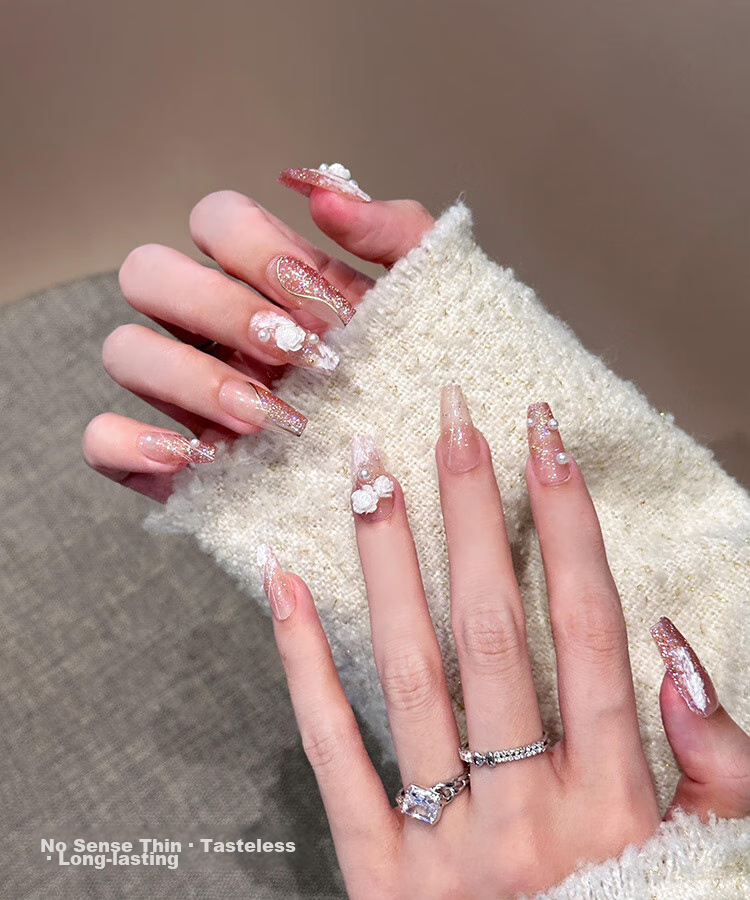 Meifuyu Nail Stickers, Handmade Wearable Nails (Yue Xiaoshan Tea Flower S Size), Long Nail Tips, Gift for Girlfriend, MF8213 17