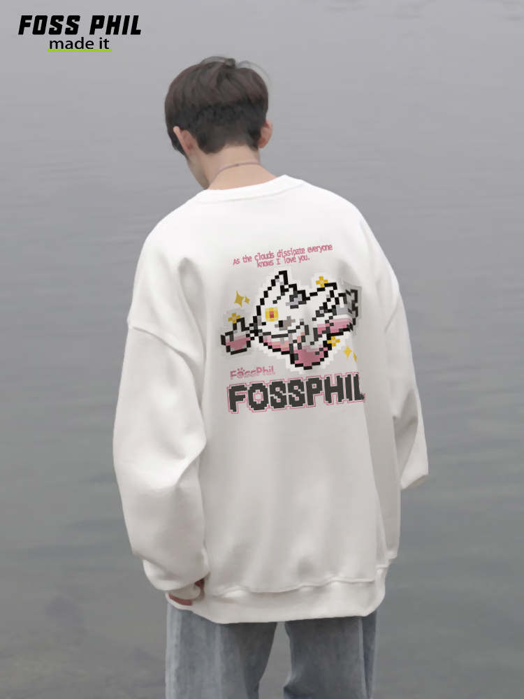 Foss Phil Men's Sweatshirt, Autumn And Winter Trendy Cartoon Print, Loose Casual Round Neck Base T-Shirt Top, FPW5 Black M 7