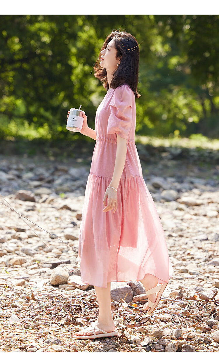 Dme Tencel Doll Dress, French Puff Sleeve, Flowing Tie-Waist Dress for Women, Sheer Pink, L 9