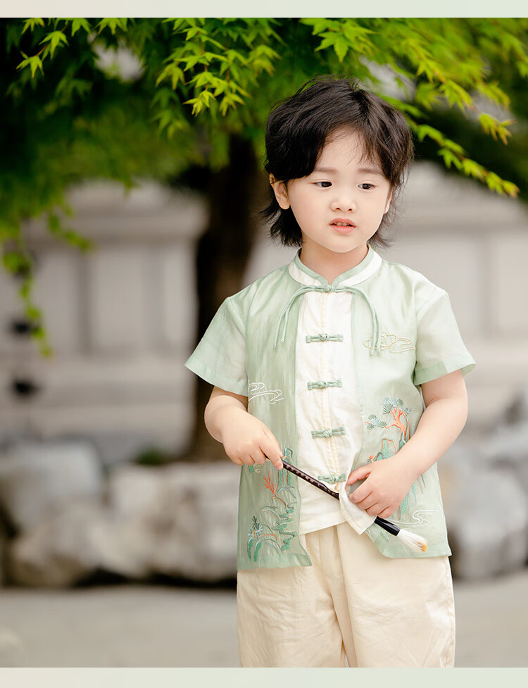Menghu Xishan Hanfu Boys' 2026 New Tang Suit, Chinese Style New Children's Outfit, Green Top, Size 90 11