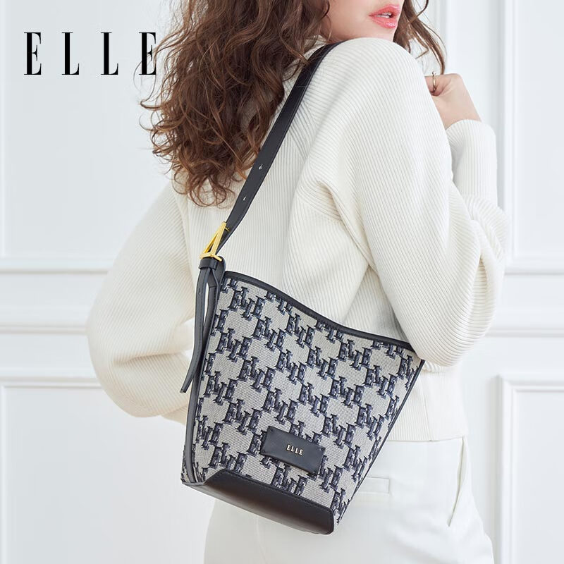ELLE New Women's Handbag, Monogram Bucket Bag, Tote Bag, Commuter Shoulder Bag, Underarm Bag, Birthday Gift, 23025