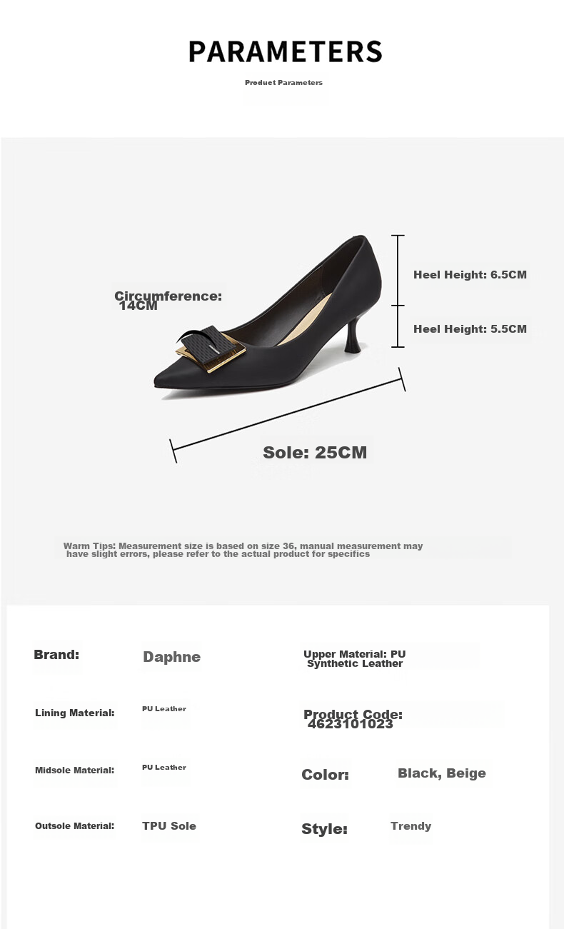DAPHNE Elegant High Heels for Women, Pointed Toe, Stiletto, Shallow Mouth Pumps, Versatile Work Shoes 4623101023 Beige 36 3