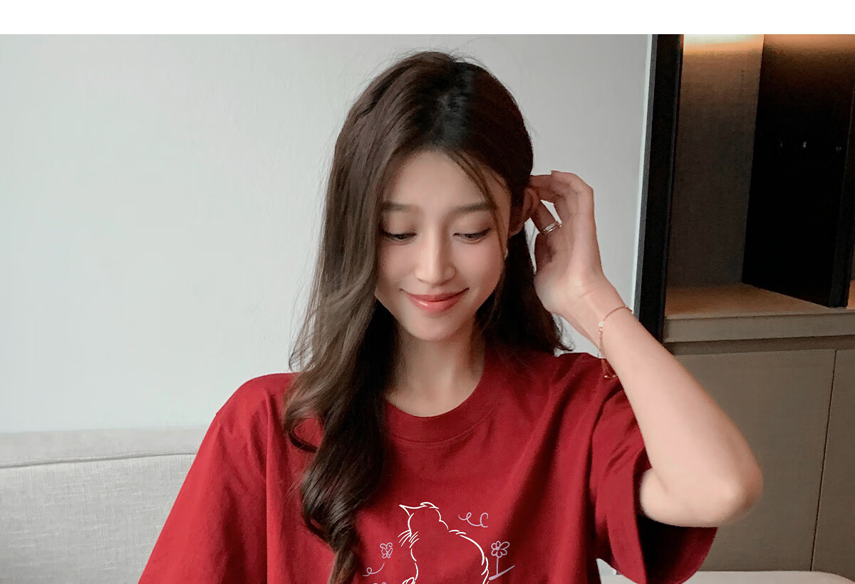 Halo Queen Women's Short-Sleeve T-Shirt, Summer Lightweight Round Neck Tee, American Sweet Cool Cat Print Half-Sleeve Top H143T1409 77