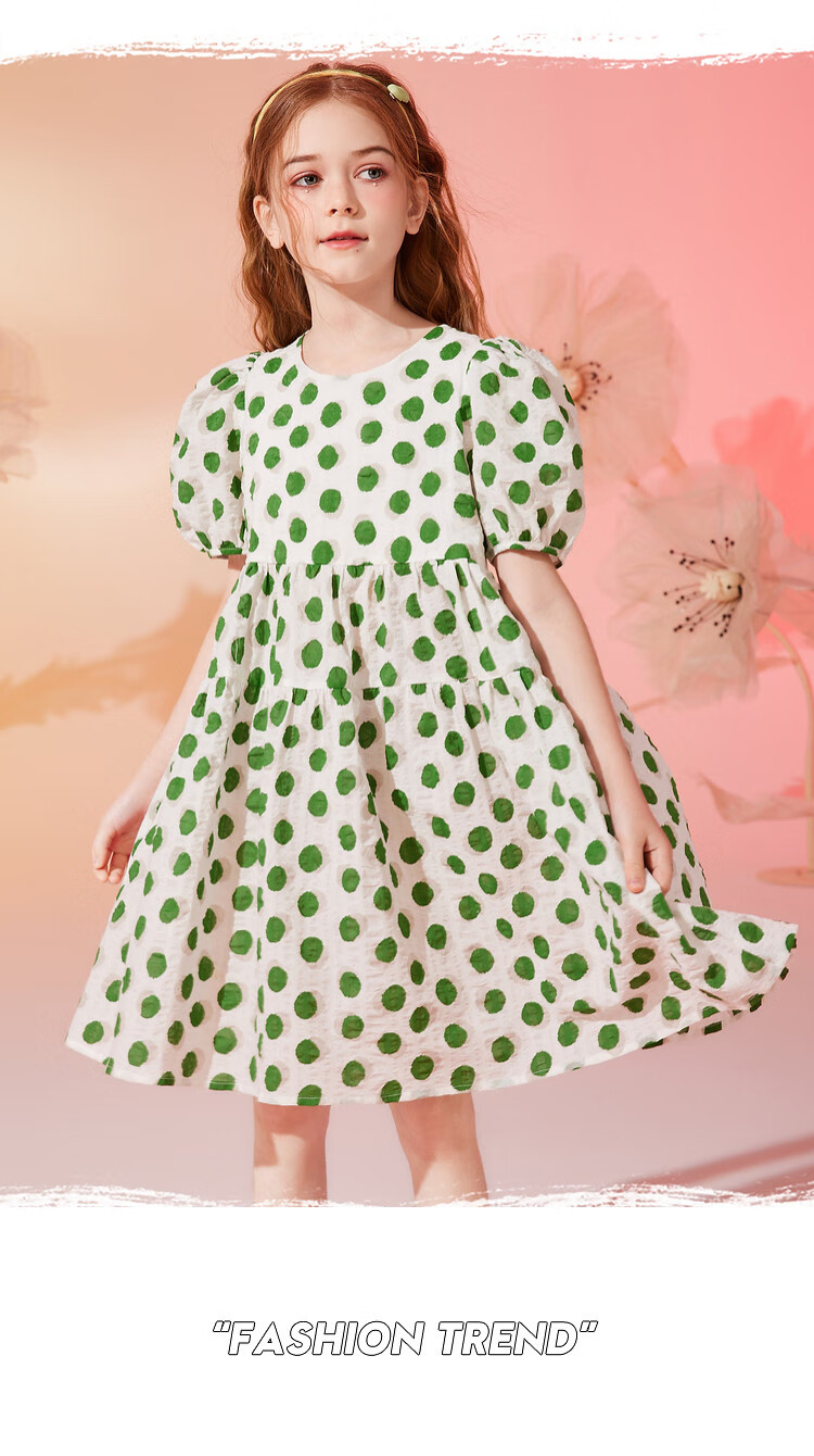 ASK JUNIOR Girls' Dress, Summer 2024 Thin Style, for Older Children, Fashionable Polka Dot Print, Pure Cotton Princess Dress, Green, Size 160 7
