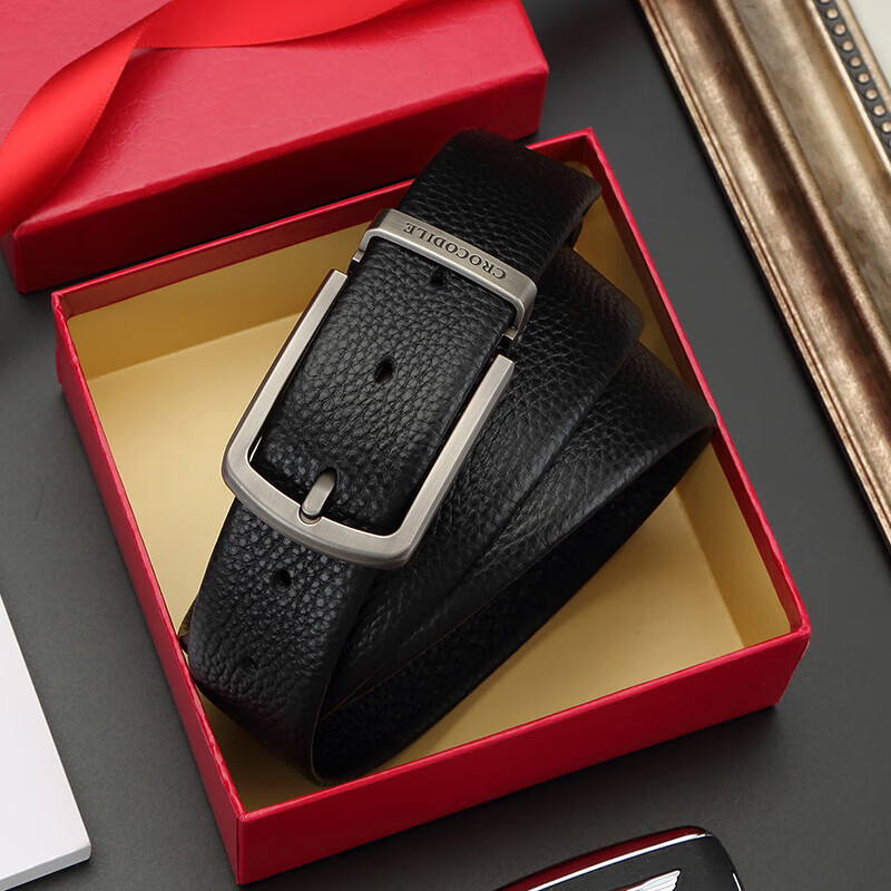 CROCODILE Versatile Youth Top-Grain Leather Casual Belt for Men with Pin Buckle, Birthday Gift ZT341 Black