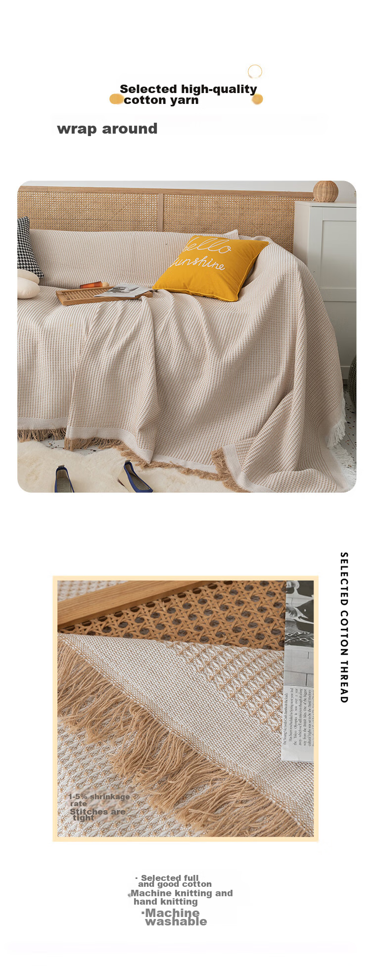 AVIVI Sofa Cover, Throw Blanket, Sofa Slipcover, All-Inclusive, Suitable for All Seasons, Sofa Pad, Seat Cushion, 180*380, Khaki Waffle Patter 2
