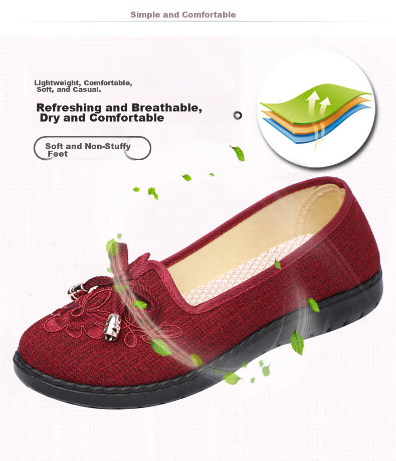 Weizhi Old Beijing Cloth Shoes, Women's Flats, Elderly Shoes, Soft-Soled Mom Shoes, Embroidered Chinese Style Slip-Ons WZ1034 Size 39 4