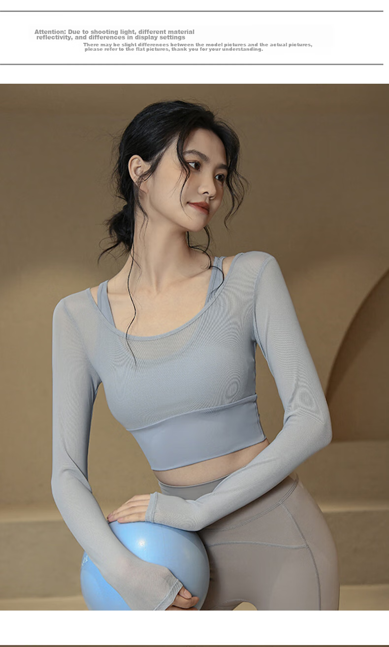 XUEXIMAN Faux Two-Piece Yoga Top for Women, Spring And Autumn Long-Sleeve with Chest Pads, Gym Workout Shirt, Pilates Training Wear 10