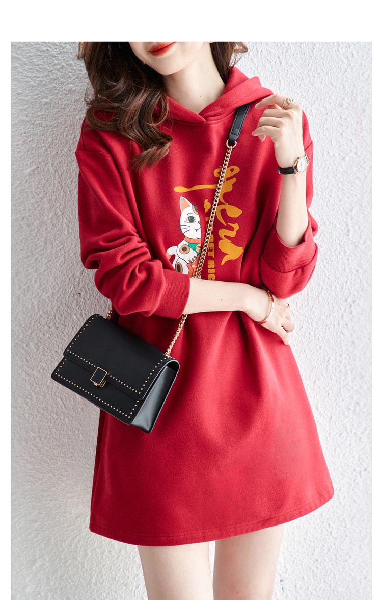 Dme Hoodie Dress for Women, Spring And Autumn Season, Red Hooded Straight Long-Sleeve Loose Sweatshirt Elegant Dress, China Red, S 13