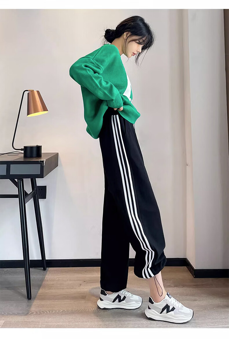 LangSha Women's Leggings with Two-Way Wear, Straight-Leg Three-Stripe Cotton Pants, Autumn Outer Wear, Sports Pants with Elastic Cuffs, Loose High-Waist Drawstring Sweatpants 30