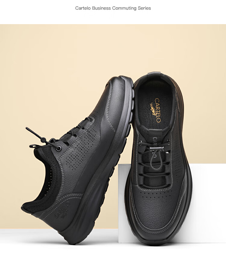 CARTELO Genuine Leather Men's Shoes, Business Casual Sports New Style, Autumn And Winter Soft Thick Sole Versatile Commuter Dad Shoes, Black Slip-O 10