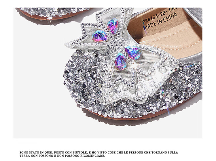 Snoffy Spring Leather Shoes for Girls, Princess Shoes for Older Children, Grit Crystal Shoes, Comfortable Children's Performance Shoes, Moonlight Silver, Size 27 4