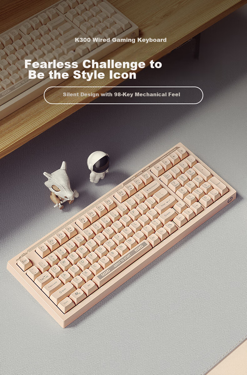 HP K300 Mechanical Keyboard, Quiet And Stylish Office Keyboard, 98 Customizable Layout, Hot-Swappable Wired Gaming Keyboard for Laptops, E-Sports LOL Milk Tea Color 2