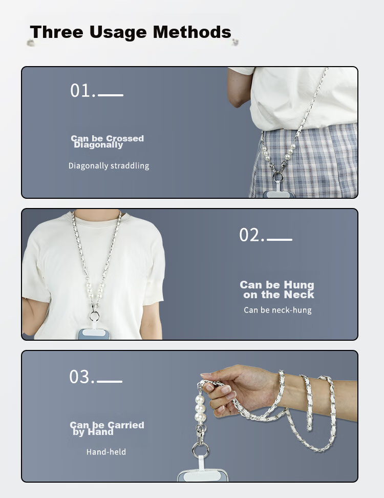 ESCASE Phone Lanyard Crossbody Strap Neck Strap Anti-Loss Phone Case Long Chain High Fashion Pearl Necklace Dopamine Summer Colorful Silver White 6