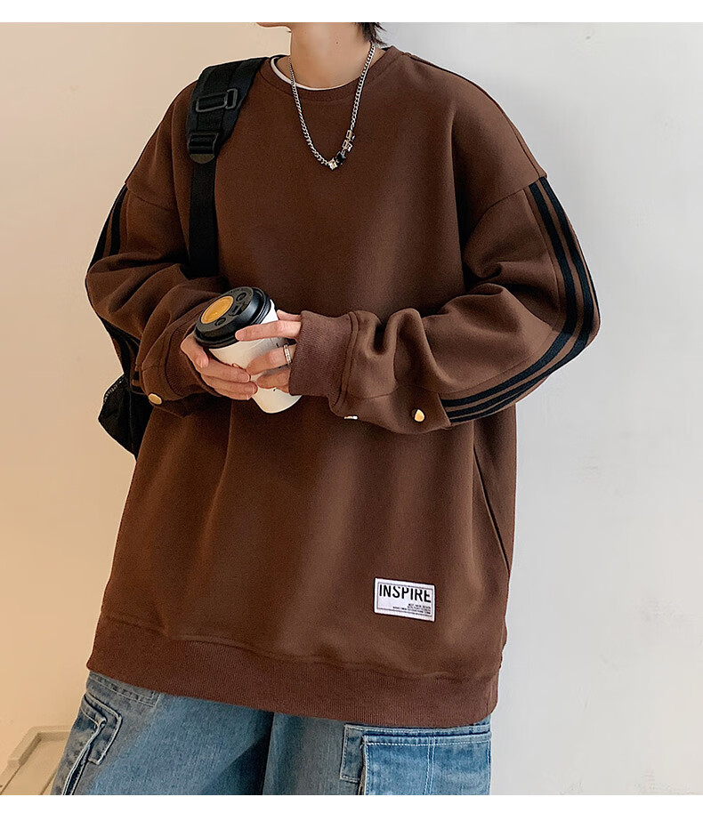 Foss Phil Men's Sweatshirt, Spring And Autumn Casual Loose Long-Sleeve T-Shirt, Striped Round Neck Top, 8801 Black M 19