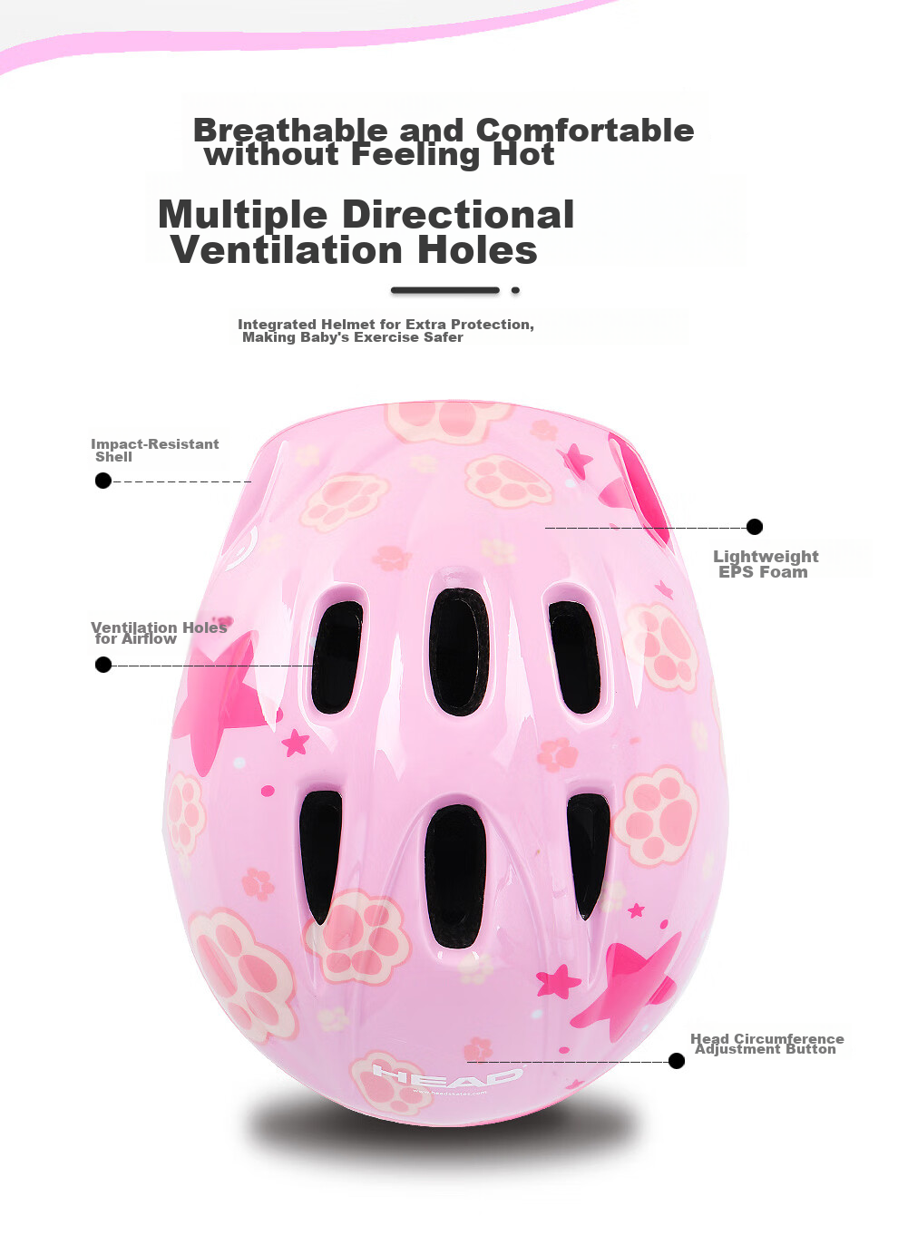 HEAD Adjustable Children's Helmet for Balance Bike, Roller Skating, Bicycle Riding, Skateboarding, Anti-Fall Cartoon Safety Helmet, Baby Pink M/L 9