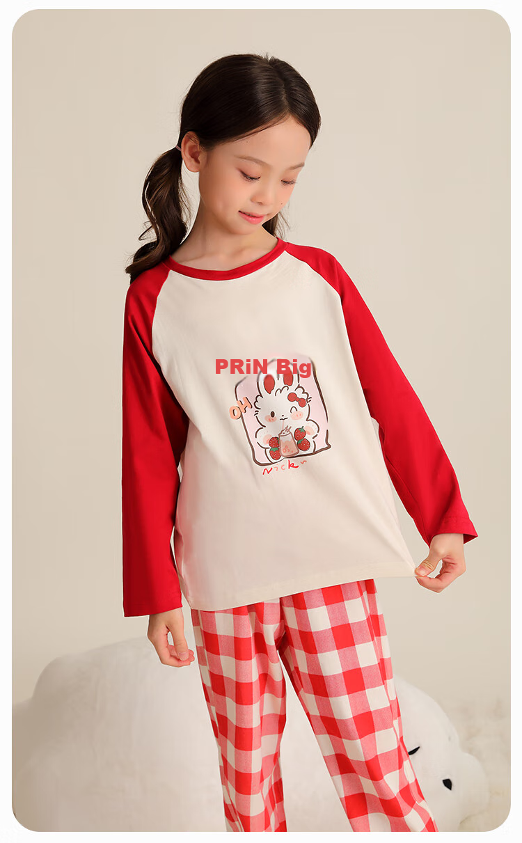YUZHAOLIN Girls' Pajamas Spring Pure Cotton Children's Home Wear Set for Older Kids Simple Plaid Patter 13