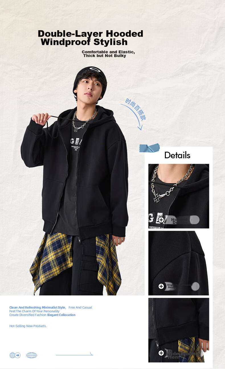 Jeanswest Men's Sweatshirt, Autumn Season, 320g Heavyweight Cotton Jacket, Trendy Letter Zipper Cardigan Top for Men C 6
