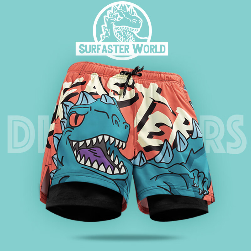 Sulang Hot Spring Swim Trunks for Men, Beach Shorts, Double-Layered Seaside Surfing Sun Protection Water Park Swimwear, Jurassic, 5XL