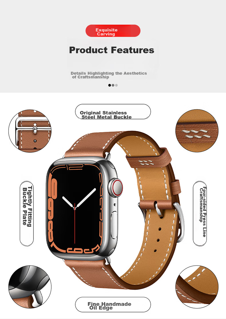 BHO Compatible Apple Watch Band, Suitable for Apple Watch S12/S11 Hermès Leather Strap, IWatch S10/9/8/7/6/Ultra4/SE3/2 Genuine Leather Strap 5