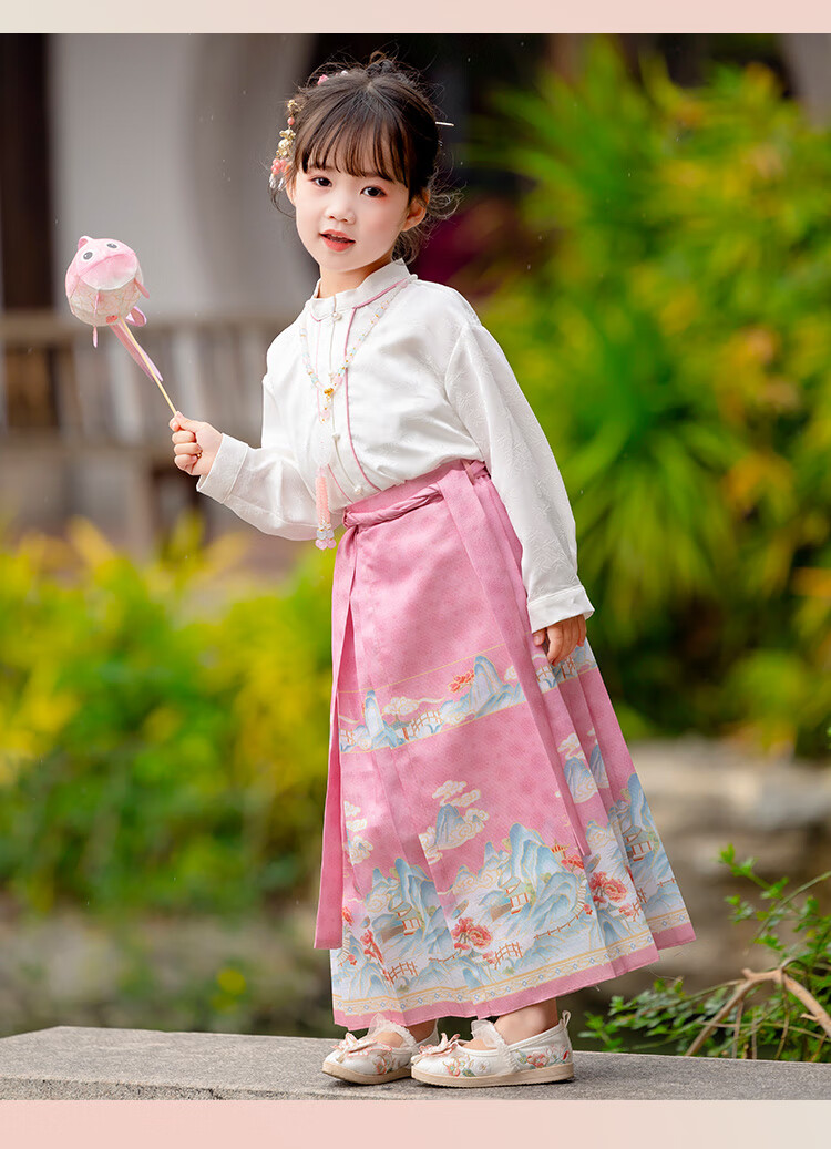 Menghu Yueqing Mountain Hanfu Girls' Spring New Style Children's Chinese-Style Ancient Costume Ming Dynasty Horse-Face Skirt Set, Pink Horse-Face Skirt, Size 100 7